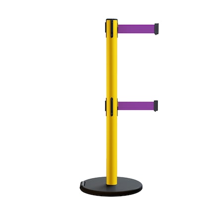 Montour Line Retractable Belt Dbl Rolling Stanchion 2.5ft Yellow Post 11ft. Purple P400DRL-YW-PE-110